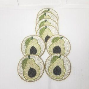 Coaster Set of 8 India Round 4.5" Seed Bead Beaded Pear Avocado Fruit Stackable